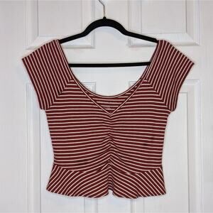 American Eagle Rust Orange and White Striped Cropped Peplum V Neck Top M